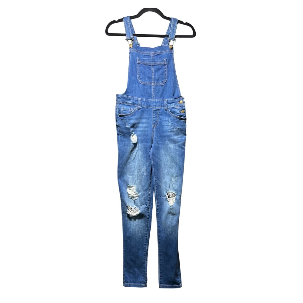 Wax Jean Distressed Denim Overalls Medium Wash Skinny Leg Blue M
